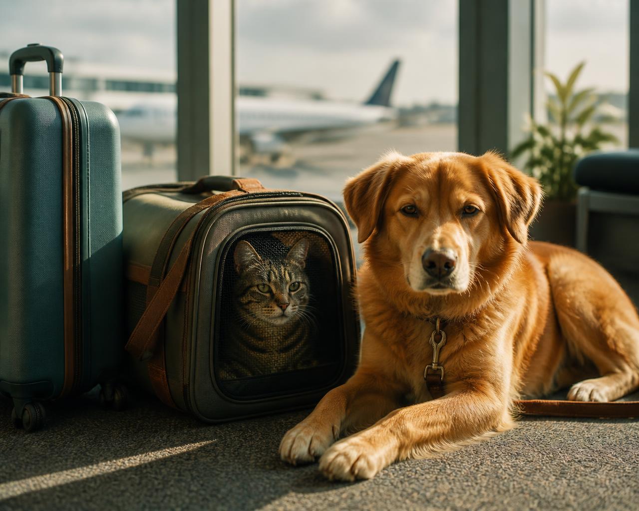 A cat resting in a soft travel carrier beside a calm dog and a suitcase in a sunlit airport lounge
